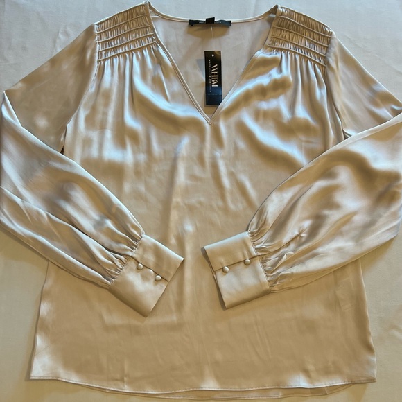 NWT~WHITE HOUSE BLACK MARKET  LIGHT PALOMINO
SMOCKED SHOUDLER SATIN
TOP BLOUSE~M - Picture 2 of 11